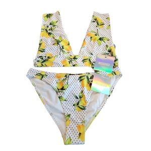 Missguided Lemon Polka-dot Print Highcut Bikini Swim Suit Size 8